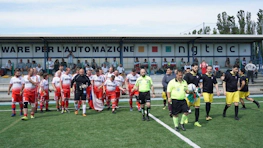 Teams entering the field for a game at the Adriatica Cup I American football tournament
