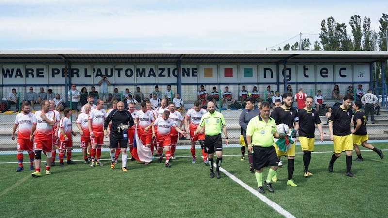 Teams entering the field for a game at the Adriatica Cup I American football tournament