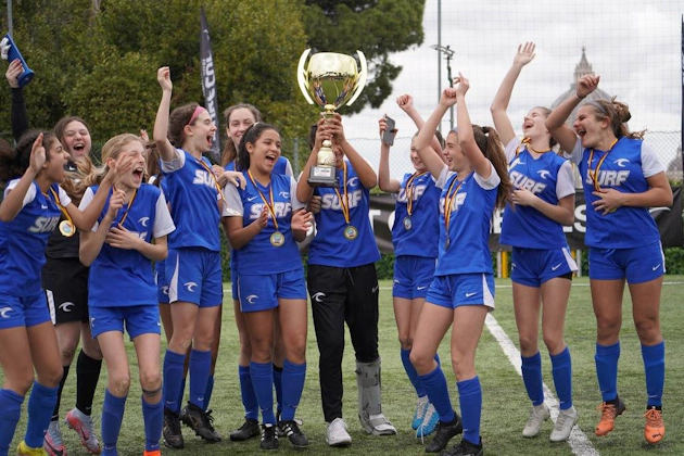Girls' soccer team celebrating victory at Surf Cup International Rome tournament