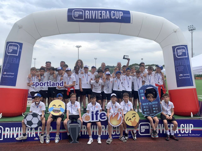 Soccer teams with coaches at Riviera Cup tournament