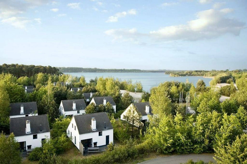 Oostduinkerke gölü kənarında yaşıl ağaclar arasında ağ evlər