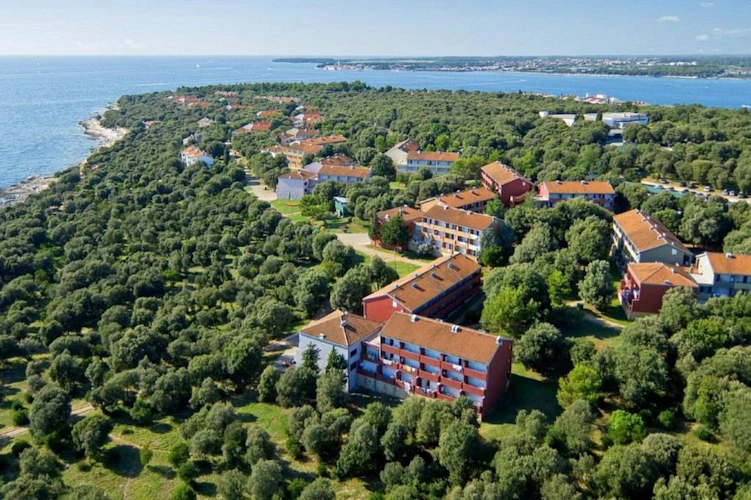 View of the Poreč coast with buildings and green forests against the sea