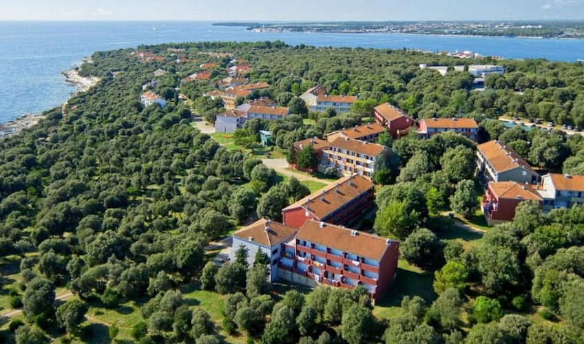 View of the Poreč coast with buildings and green forests along the sea